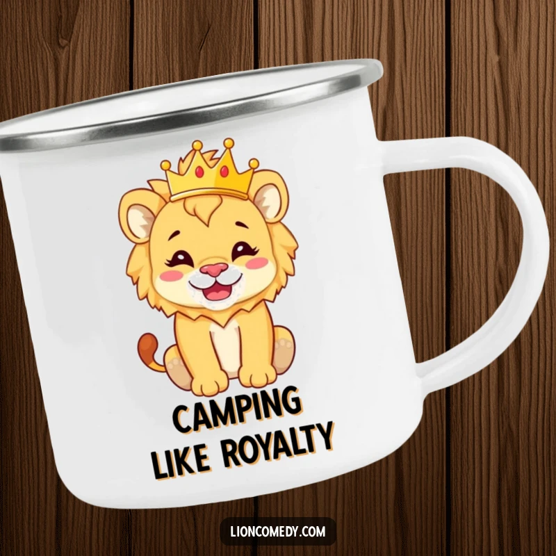 Funny Camping Mug featuring a lion cub with a silly grin and a tiny crown, ready for any regal adventure.