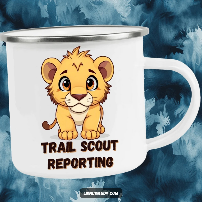 Funny Camping Mug featuring a lion cub pouncing with wide, curious eyes, ready for any outdoor escapade.