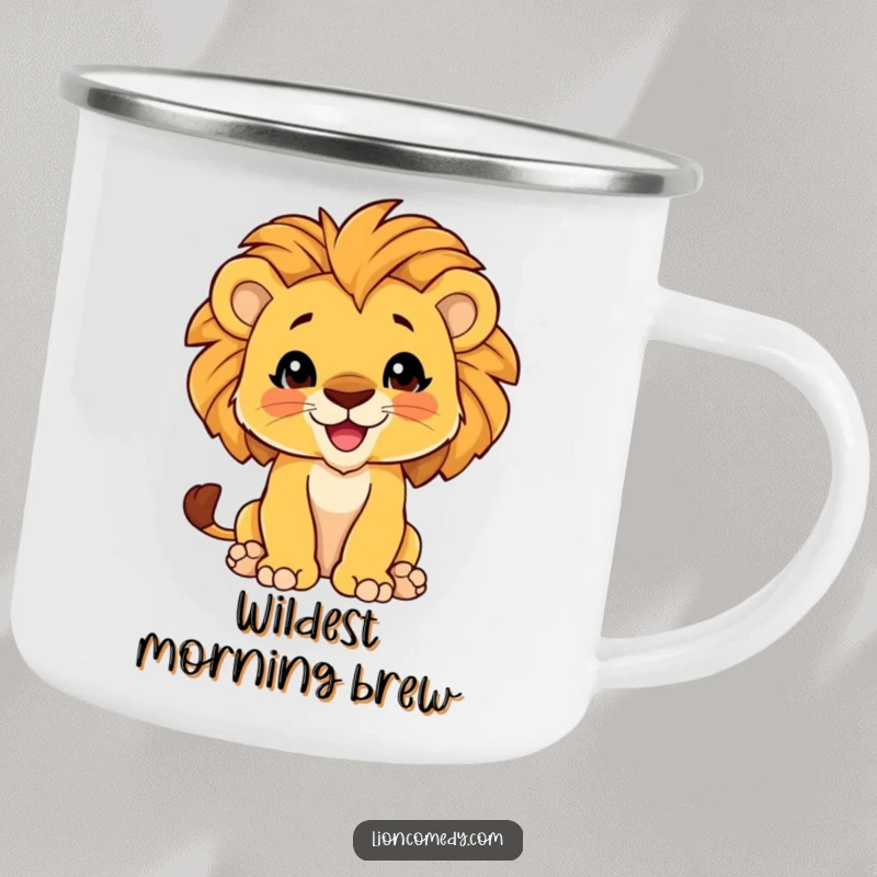 Funny Camping Mug featuring a proud lion cub with a puffed-out chest and grand mane, ready for the wild.