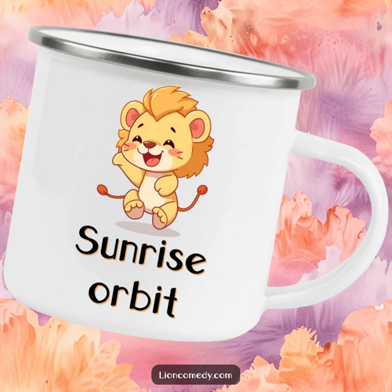 Funny lion cub camping mug illustrating a joyful cub hilariously chasing its own tail in a dizzying, energetic circle.