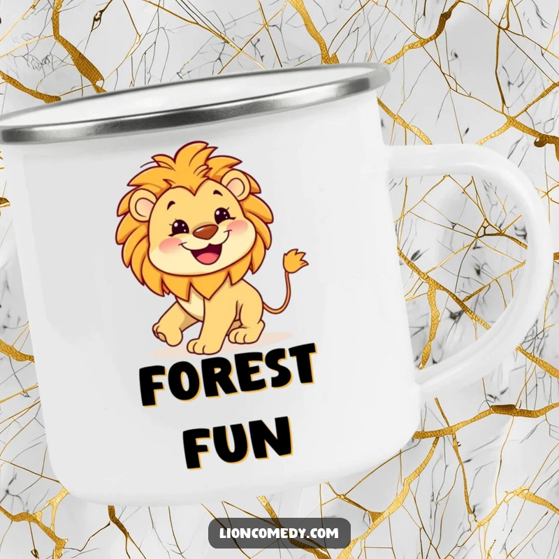 Funny Lion Tail Camping Mug showing a kawaii lion with a wide grin, chasing its tail, durable and humorous for outdoor use.