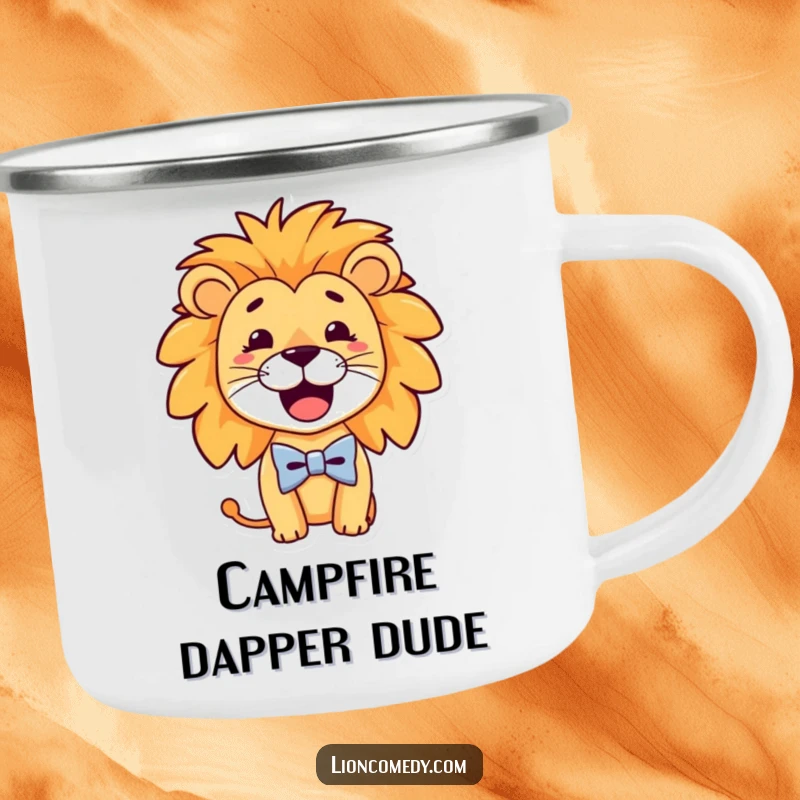 Funny Camping Mug with a dapper lion, goofy smile, and tiny bow tie, designed for outdoor fun and humorous enjoyment.