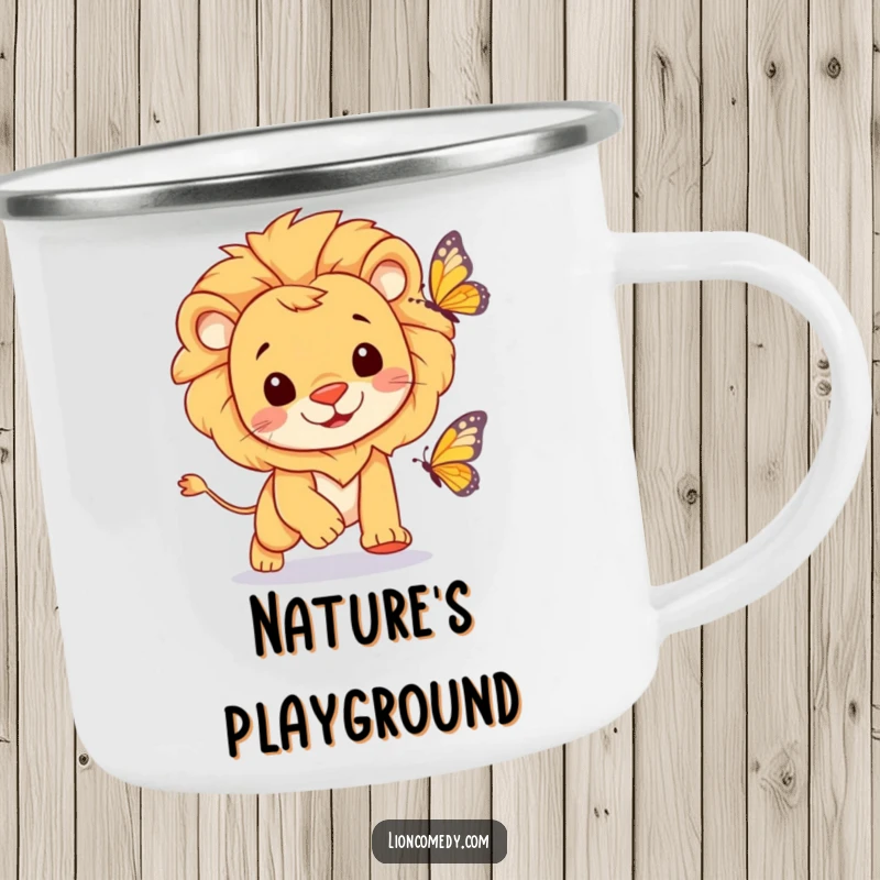 Funny cheerful lion joyfully chasing a butterfly, featured on a durable camping mug for outdoor enjoyment.