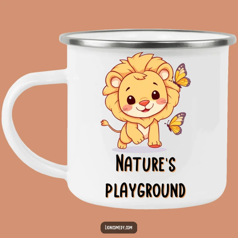 Funny Cheerful Lion Camping Mug - Playful Chase Drinkware Gift