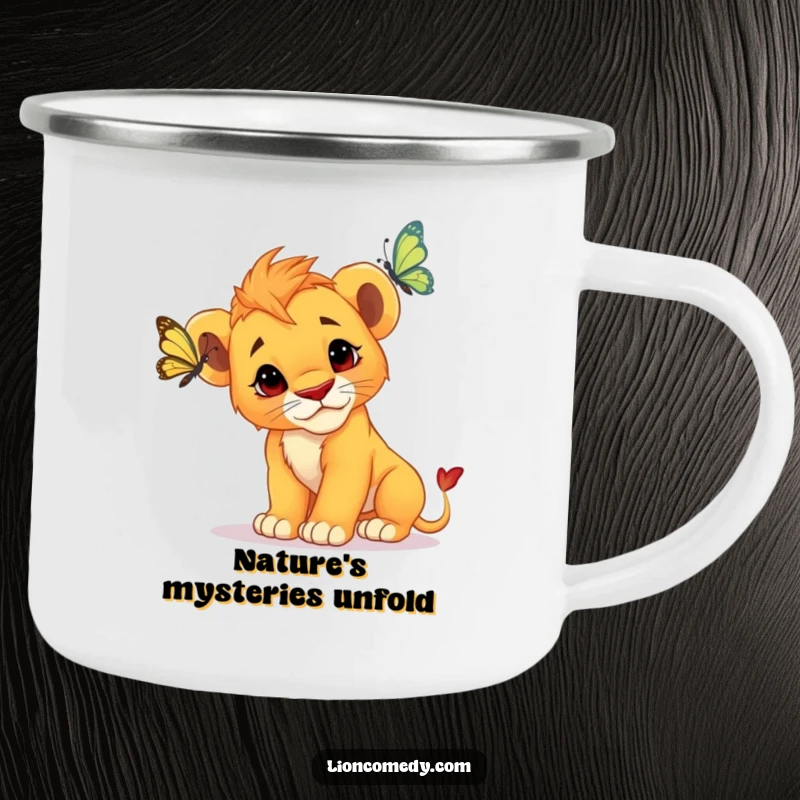Funny Lion Cub Camping Mug: A curious cub tilts its head, observing a butterfly, perfect for outdoor brews.