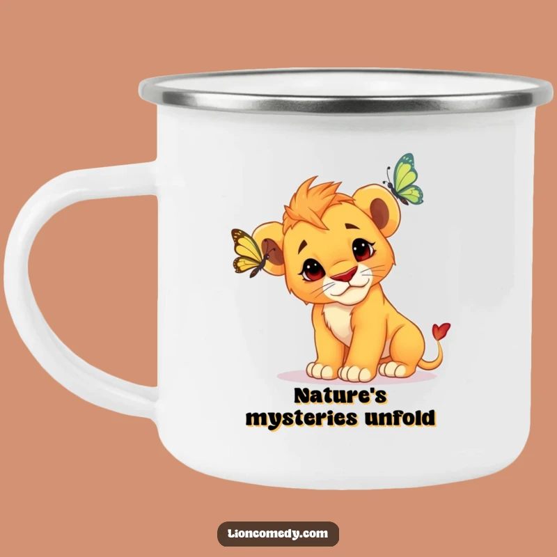 Funny Curious Lion Cub Camping Mug - Durable Enamel, Outdoor Fun, Unique Gift