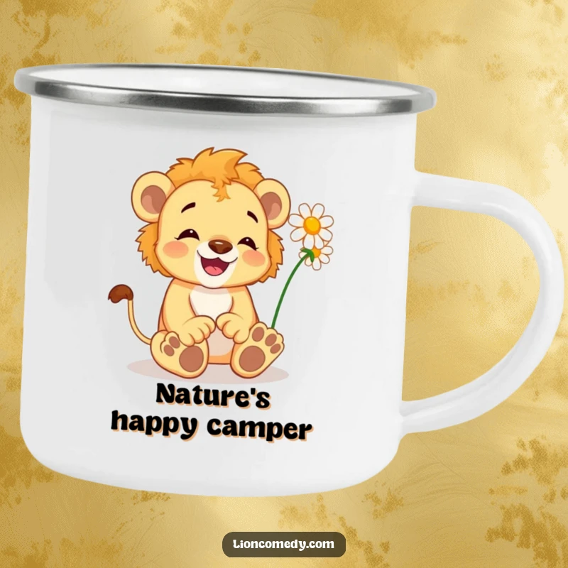 Funny Lion Cub Camping Mug: A delighted cub wiggles its toes, tickled by a daisy, perfect for outdoor sips.