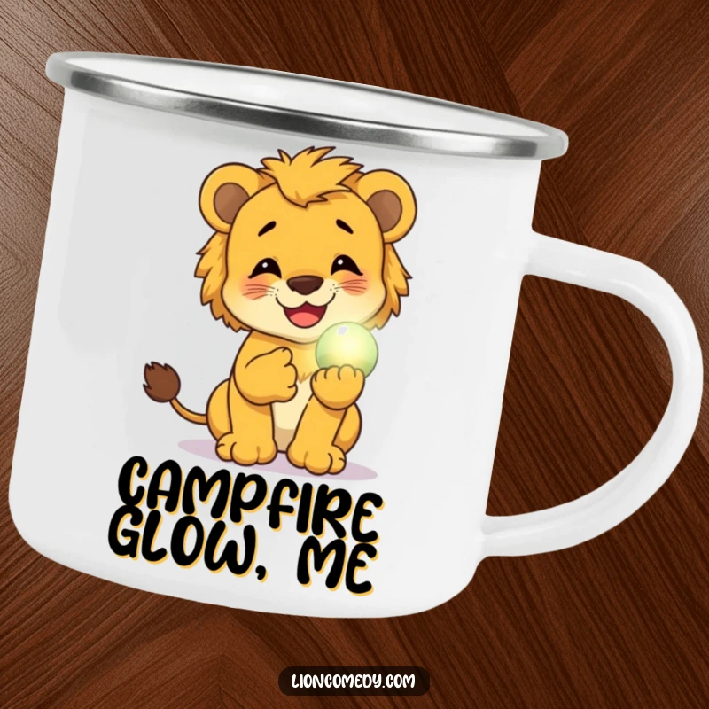 Funny camping mug showing a lion cub giggling while holding a small, glowing magical orb, ideal for outdoor lovers who appreciate humor and magic.