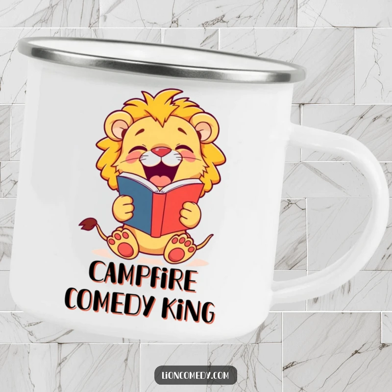 Funny Lion Cub Camping Mug: A jovial cub roars with laughter from its joke book, perfect for outdoor fun.