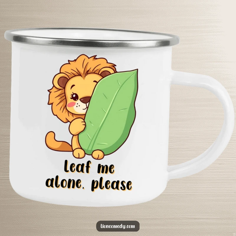 Funny Kawaii lion camping mug with a lion hiding behind a leaf, peeking out. Perfect for outdoor drinks. Humorous.