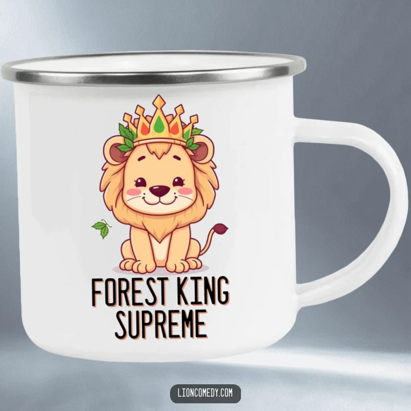 Funny kawaii lion wearing a crown of leaves, striking a kingly yet goofy pose, on a durable camping mug.