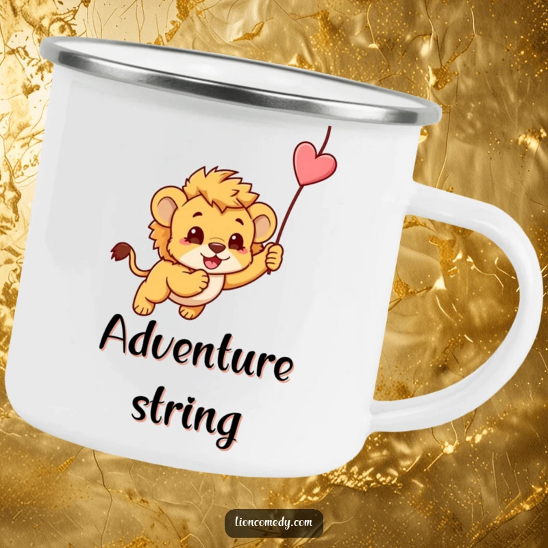 Funny durable camping mug with a kawaii lion cub playfully pouncing on a string, ready for outdoor fun.