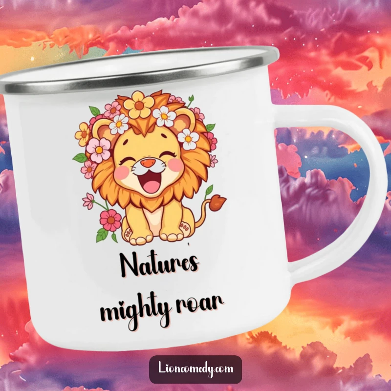 Funny kawaii lion cub with a mane of flowers, roaring with delight, on a durable camping mug for outdoor fun.