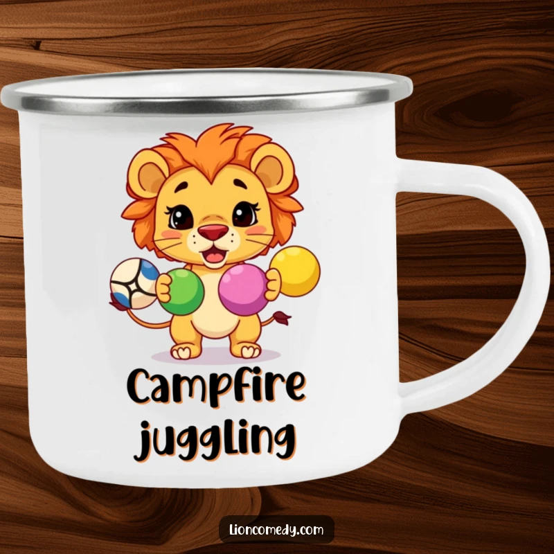 Funny durable camping mug with a determined kawaii lion juggling three colorful balls, ready for outdoor fun.