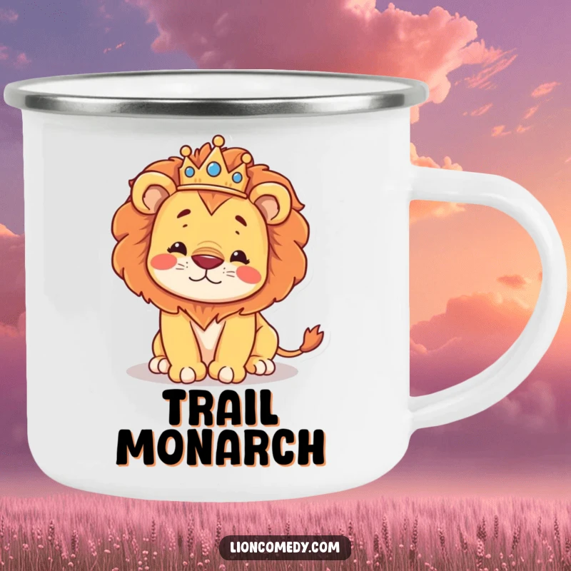 Funny durable camping mug with a regal kawaii lion wearing a crown, hilariously stumbling, ready for adventure.