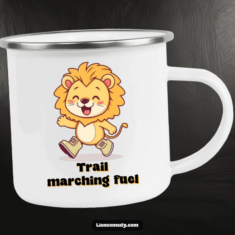 Funny kawaii lion wearing tiny boots, marching with exaggerated enthusiasm, ready for outdoor adventures on a durable camping mug.