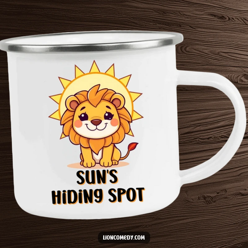 Funny camping mug featuring a kawaii lion with a mischievous grin, hiding behind a large, bright sun, ideal for outdoor fun.