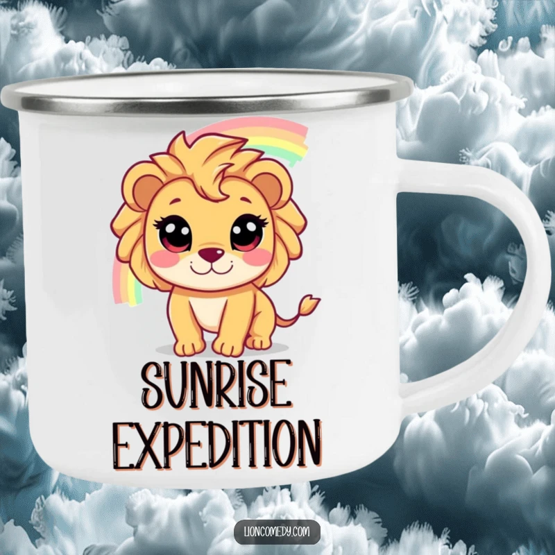 Funny camping mug featuring a cute, wide-eyed lion character chasing a vibrant, shimmering rainbow during outdoor adventures.