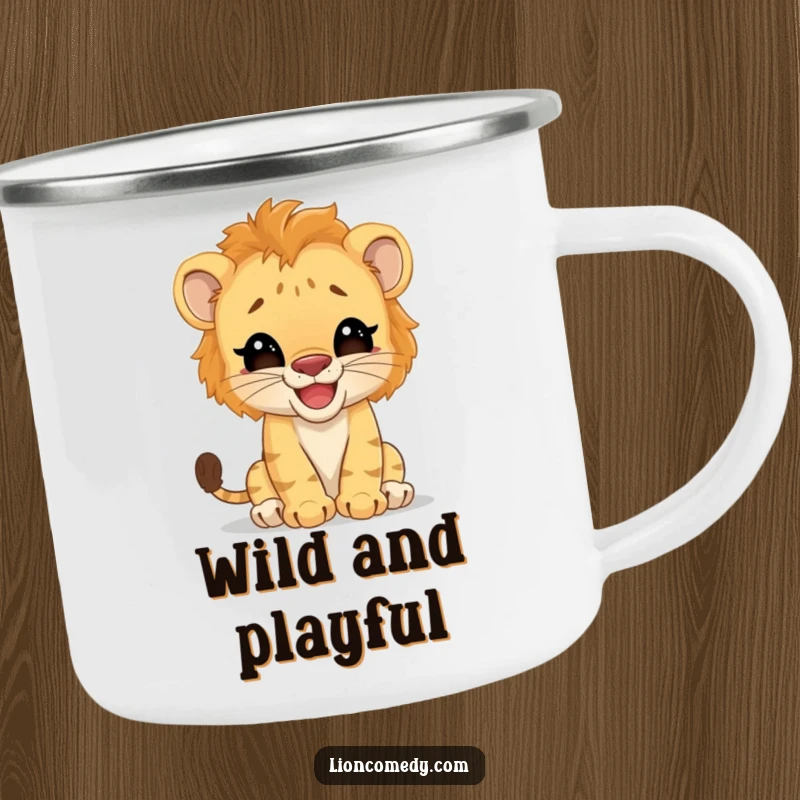 Funny Camping Mug: A giggling lion cub humorously pretends to be a big cat on this outdoor mug. A durable and amusing drinkware.