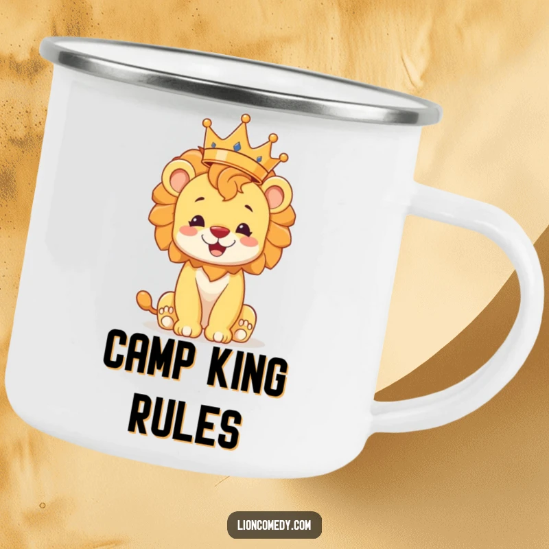 Funny lion cub camping mug, perfect for regal adventures, a cheerful cub balances a crown, durable and charming outdoor gear.