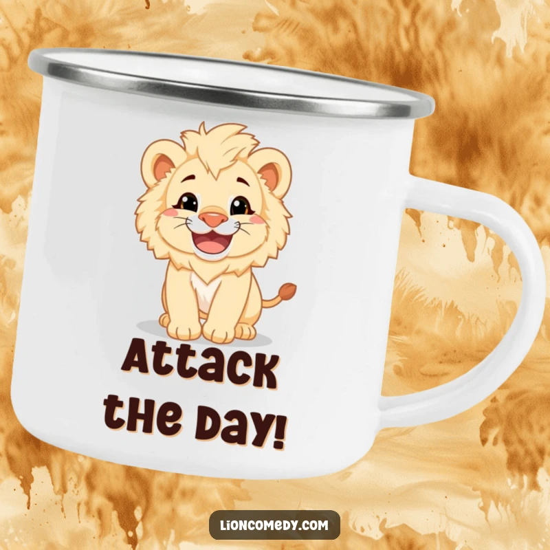 Funny fluffy lion cub with a big grin pouncing playfully, featured on a durable camping mug for outdoor fun.