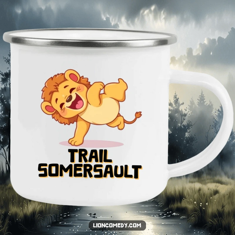Funny camping mug featuring an energetic lion cub doing a clumsy somersault with glee, perfect for outdoor fun.