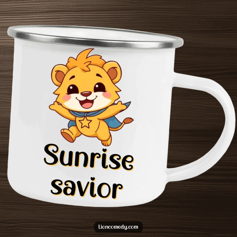 Funny camping mug featuring a smiling lion cub in a superhero cape, flying joyfully, ready for outdoor adventures.