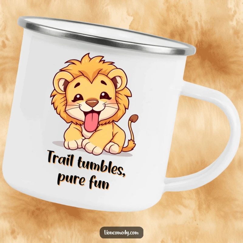 Funny Camping Mug with a happy lion cub tumbling with its tongue out, designed for outdoor fun and cheerful moments.