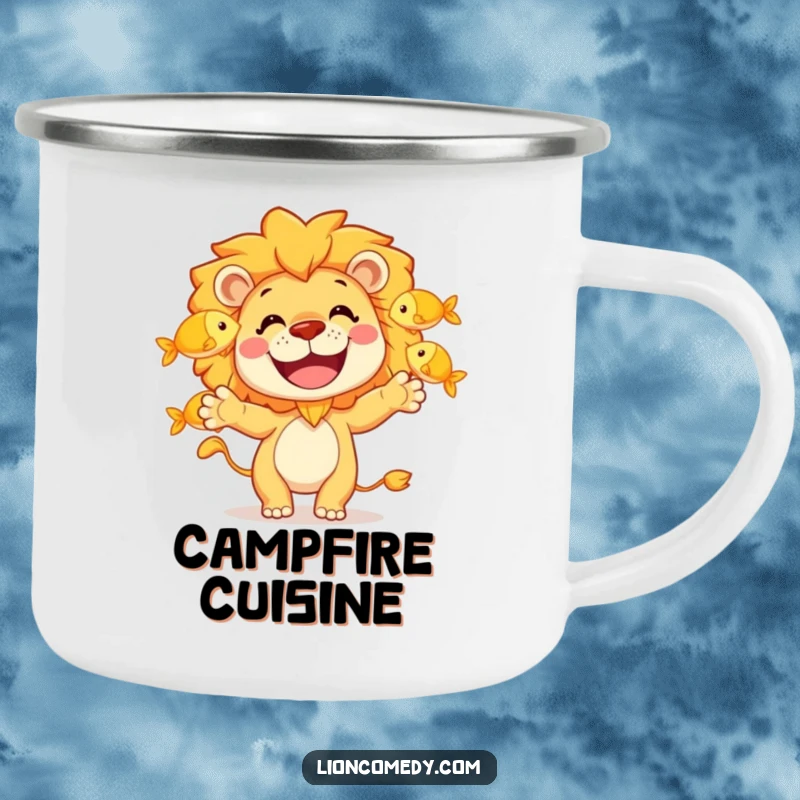 Funny camping mug featuring a grinning lion character juggling three golden fish, ideal for outdoor adventures and hearty laughs.