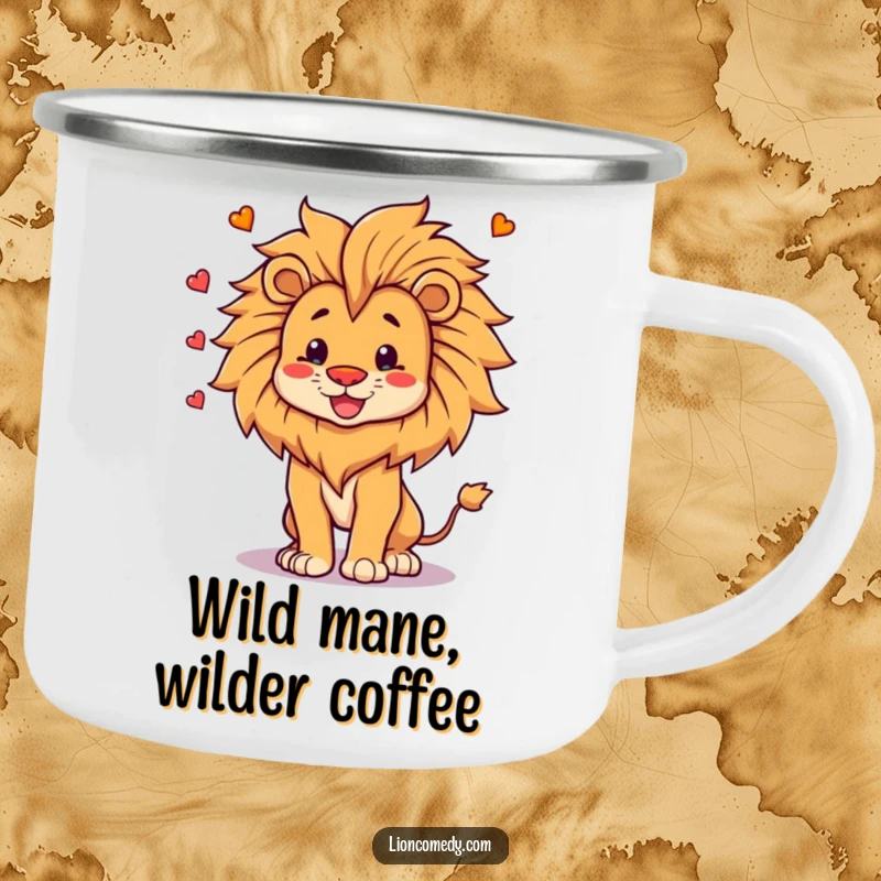 Funny Camping Mug with a proud, happy lion juggling its own mane, designed for outdoor fun and humorous enjoyment.