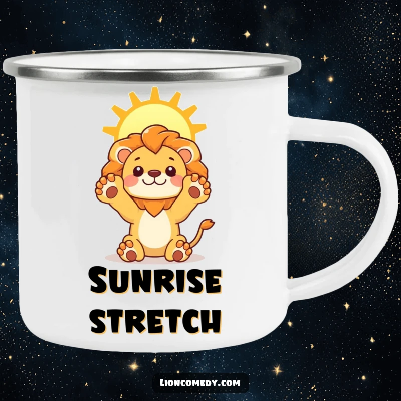 Funny Lion Sun Camping Mug showing a kawaii lion stretching its paws upwards towards a bright sun, durable and humorous for outdoor use.