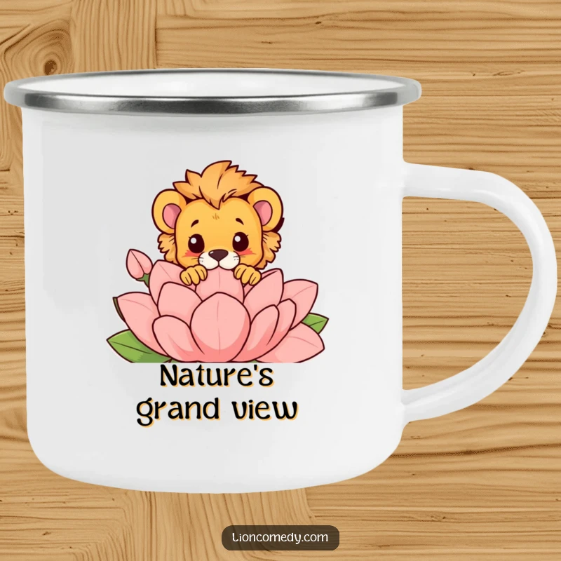 Funny camping mug showing a lion cub playfully peeking over a large, stylized flower, ideal for outdoor lovers who appreciate humor.