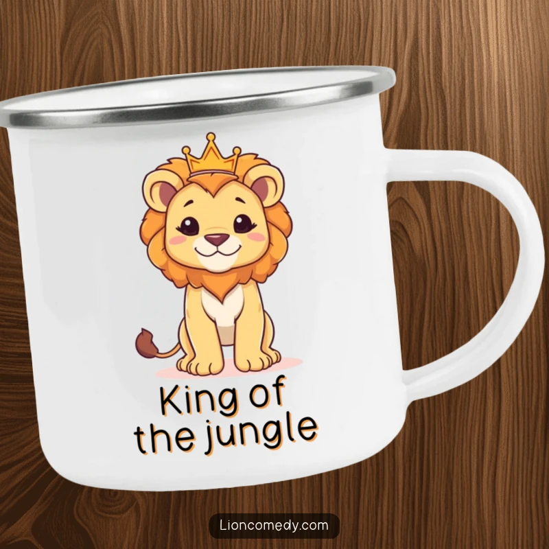 Funny camping mug with a proud lion cub wearing a crown, adding regal humor to any beverage.