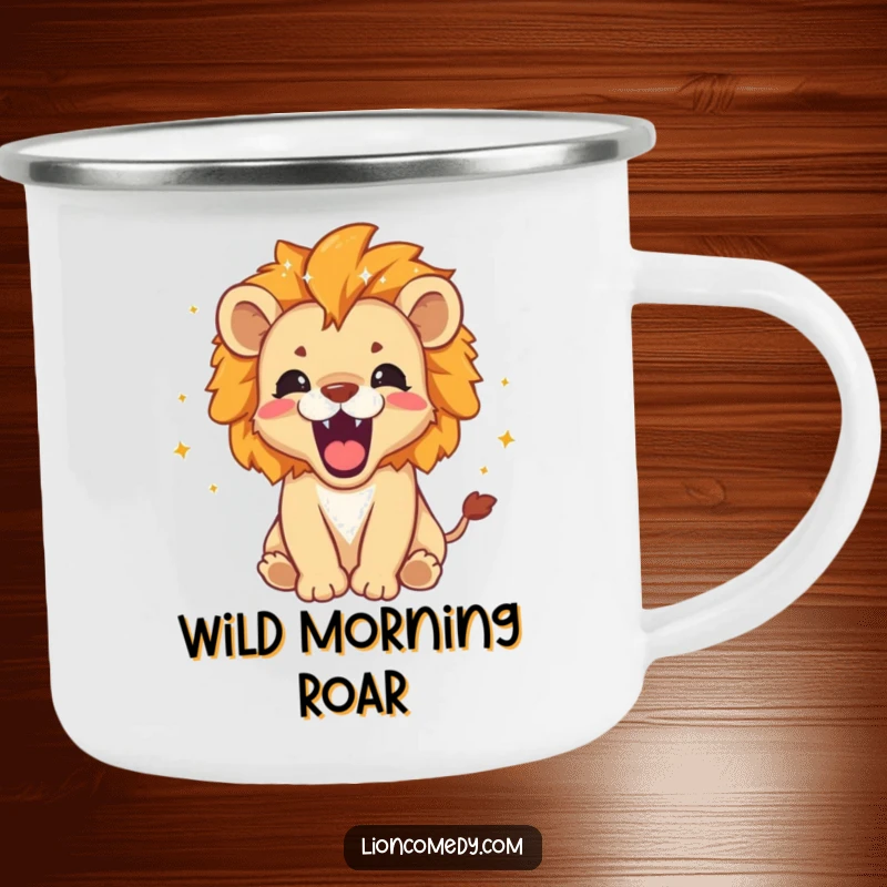 Funny Camping Mug: A roaring lion cub with tiny stars and sparkles around its mane, perfect for outdoor adventures.