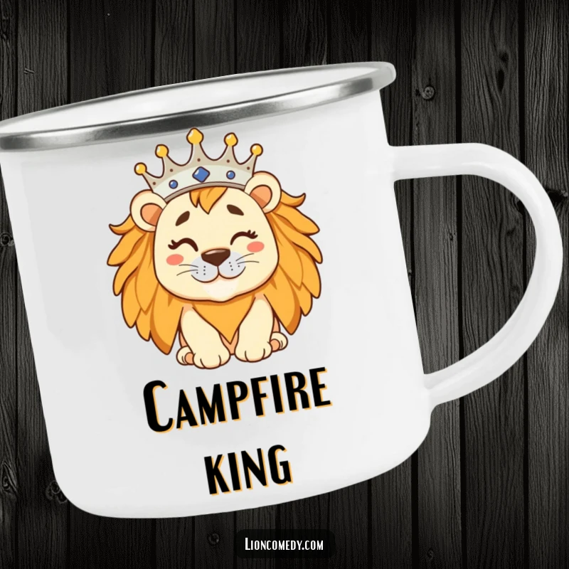 Funny regal lion with a tilted crown and a wink, featured on a durable camping mug for outdoor royalty.