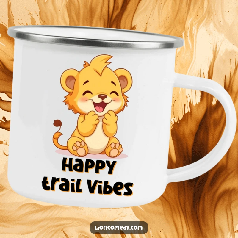 Funny Camping Mug featuring a lion cub clapping its paws together in delight, ready for outdoor celebration.