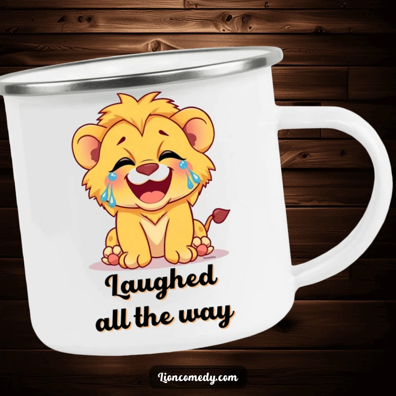 Funny camping mug with a lion cub laughing with tears of joy, adding humorous cheer to beverages.