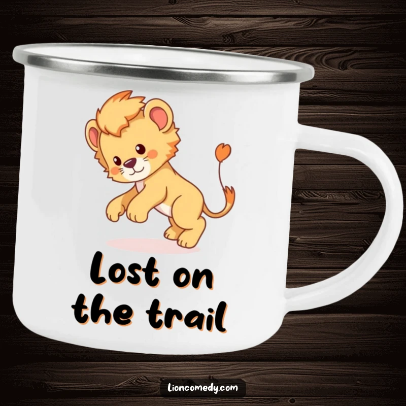 Funny Lion Cub Camping Mug: A sturdy mug featuring a funny lion cub chasing its tail, ideal for outdoor enthusiasts.