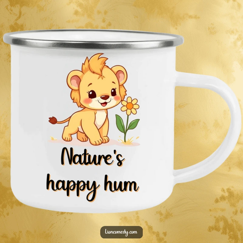Funny Camping Mug with a joyful lion cub approaching a giggling flower, designed for outdoor fun and cheerful moments.