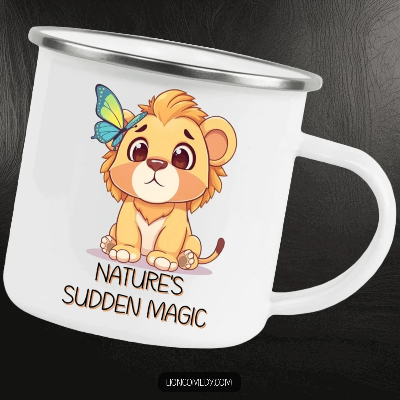 Funny camping mug showing a lion cub's comically surprised face at a butterfly, ideal for outdoor enthusiasts who love humor.