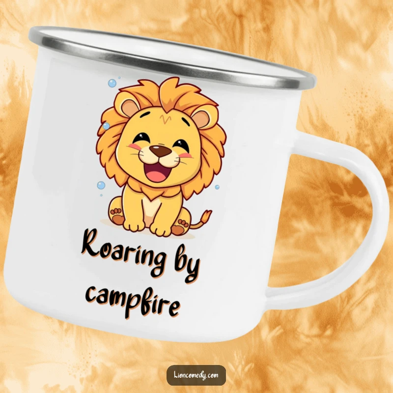 Funny Lion Roaring Bubbles Camping Mug, a smiling lion roaring happily with tiny bubbles, ready for outdoor fun.