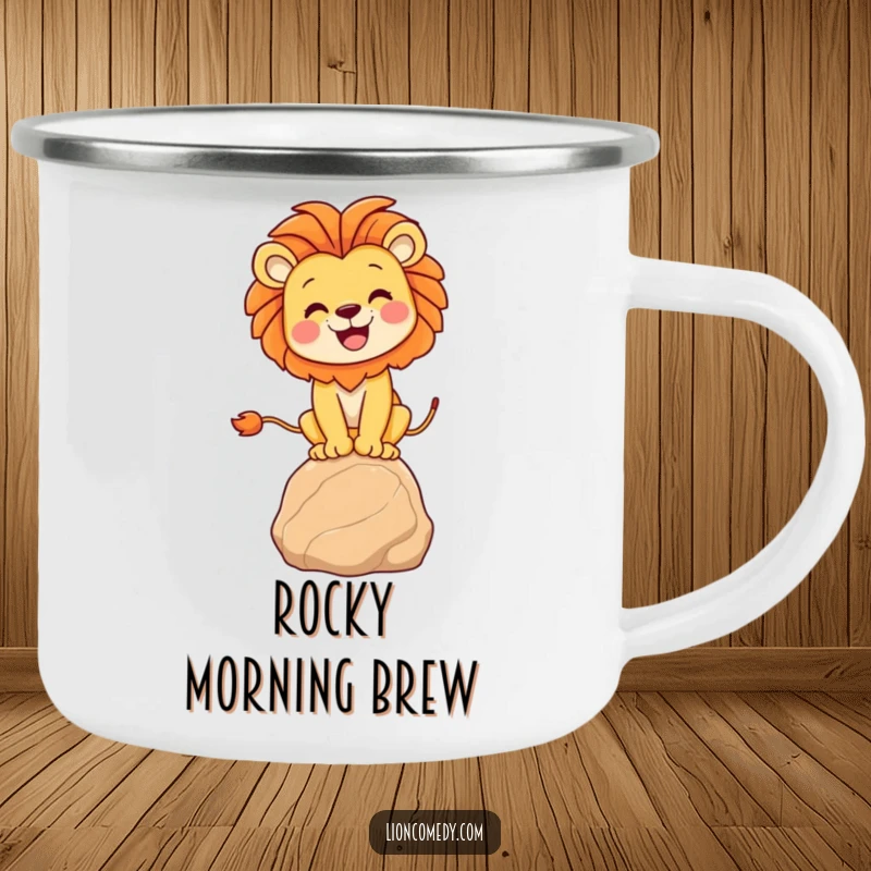 Funny lion balancing camping mug featuring a joyful lion on a rock, perfect for adventurers who appreciate humor and a good balance.