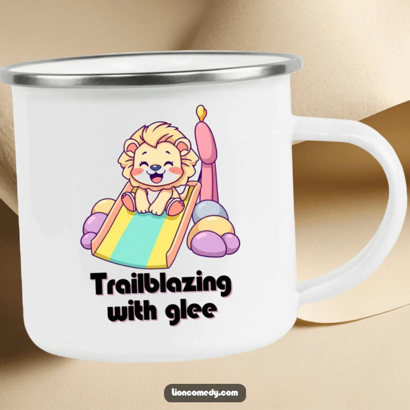 Funny Camping Mug: A tiny lion gleefully slides down a vibrant rainbow, perfect for outdoor adventures. Humorous and durable drinkware.