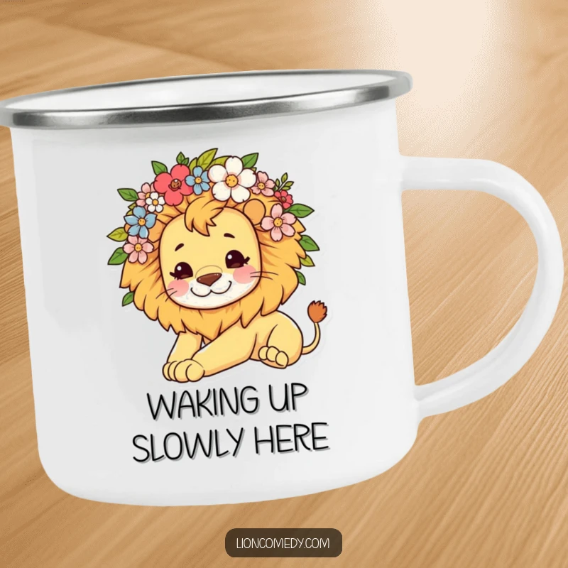 Funny camping mug with a kawaii lion character and flower mane, stretching lazily, ideal for enjoying drinks outdoors.