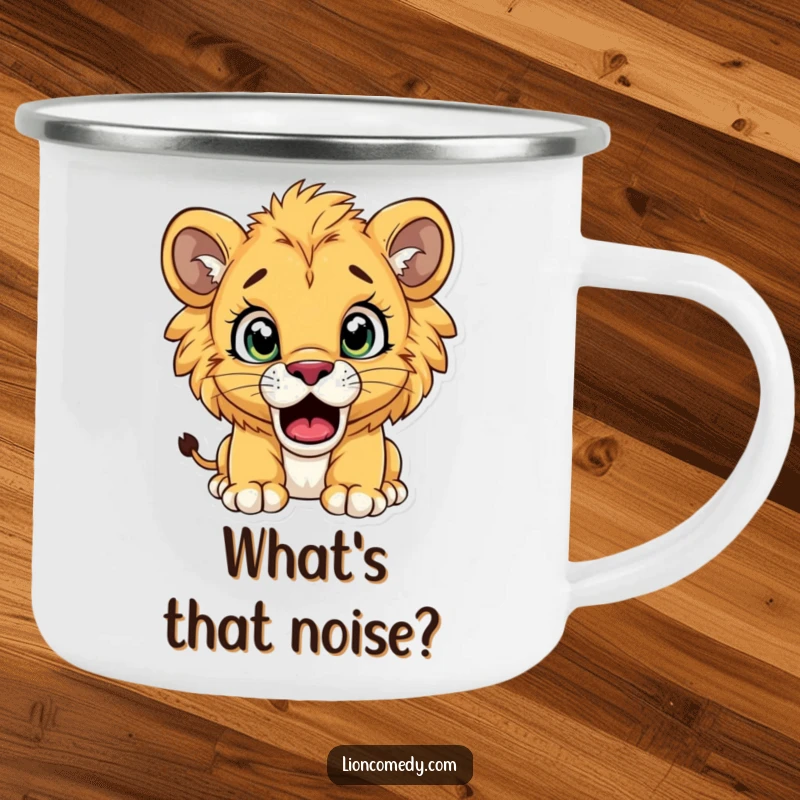 Funny lion cub camping mug illustrating a cub with comically wide eyes and an open mouth, caught in a moment of surprise.