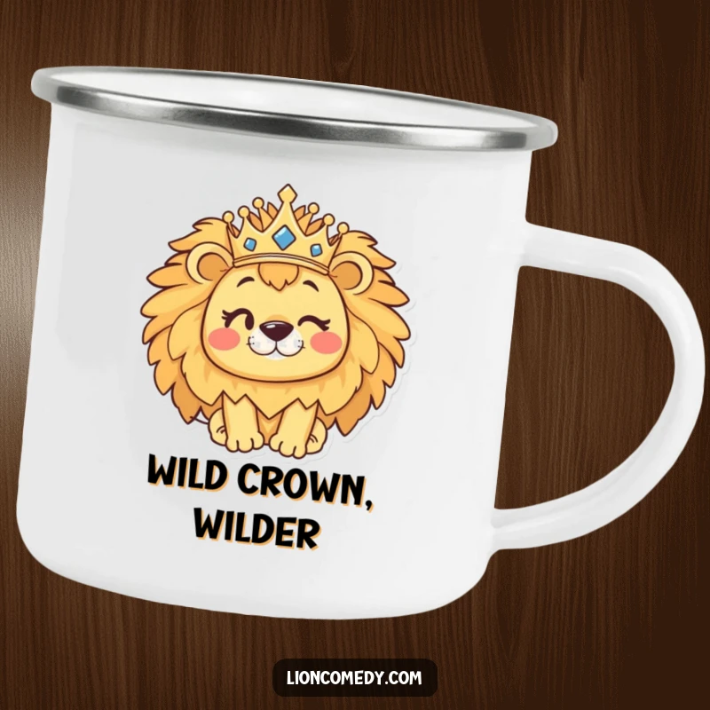 Funny kawaii lion camping mug with a cute winking lion wearing a crown, perfect for rugged, humorous enjoyment.