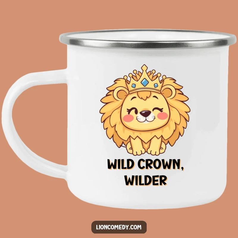 Funny Kawaii Lion Camping Mug: Winking Crown Lion Enamel Mug, Adventure Gift