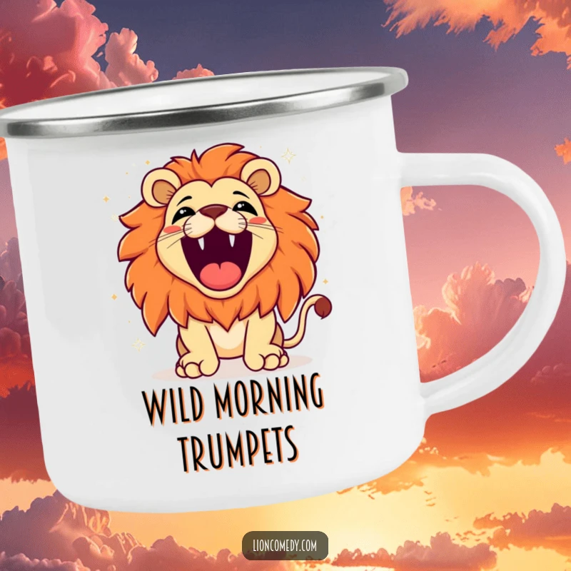 Funny kawaii lion roaring with exaggerated joy, sparkling background, ideal for enjoying beverages on outdoor adventures with a touch of humor.