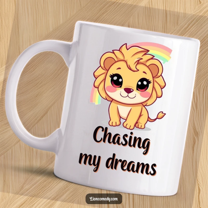 Funny mug with a cute lion character sporting wide, hopeful eyes, joyfully chasing a vibrant, shimmering rainbow.