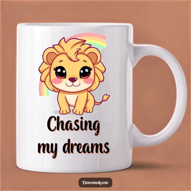 Funny Lion Chasing Rainbow Mug: A Whimsical Gift for Dreamers and Lion Lovers!